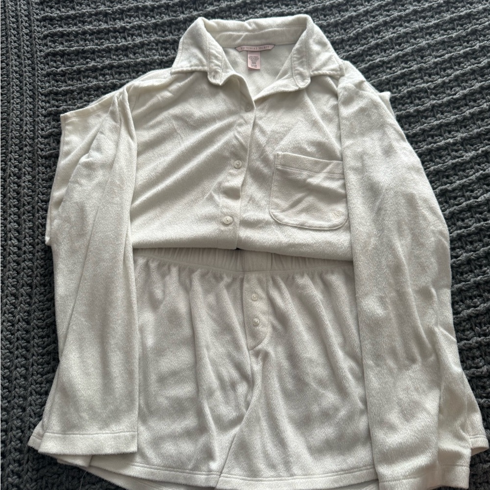 Victoria's Secret Cream Fleece Button Up And Shorts Matching Pajama Set
